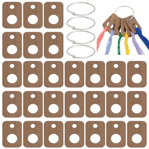 BENECREAT 100Pcs Holz Faden Drops, 5x3.5cm Quadrat Floss Bobbin Drops Kreuzstich Faden Organisation mit 4Pcs Eisen Floss Ring für Handwerk DIY Nähen Lagerung, 2mm dick von BENECREAT