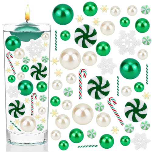 BENECREAT 173 Stück Weihnachtsvase Gefüllt Mit Perlen, Grüne Und Weiße Kerze Gefüllt Mit Kunststoffperlen, Zuckerstangen Und Flache Runde Weihnachtsbäume Für Vasen-Weihnachtsdekorationen von BENECREAT