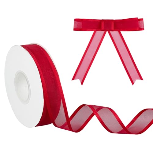 BENECREAT 18.3 m Rotes Band Mit Drahtkante 25mm Transparentes Satinband Zum Verpacken von Geschenken Hochzeit Geburtstagsfeier Dekoration Bastelbogen Blumenverpackung von BENECREAT
