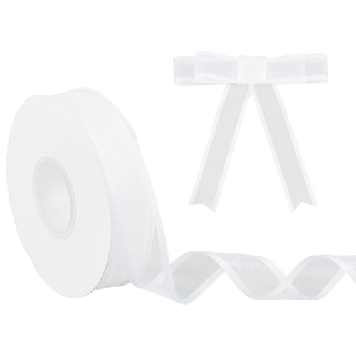 BENECREAT 18.3 m Weißes Band Mit Drahtkante 25mm Transparentes Satinband Zum Verpacken von Geschenken Hochzeit Geburtstagsfeier Dekoration Bastelbogen Blumenverpackung von BENECREAT