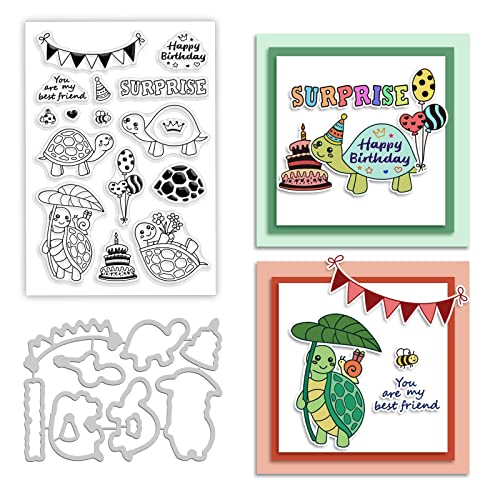 BENECREAT 2 Stück Geburtstags-Schildkröten-Stanzformen Und Stempelsets, Luftballons Geburtstagskuchen Metallschneideschablonen, Klarer Stempel Für Kartenherstellung, DIY Scrapbooking von BENECREAT