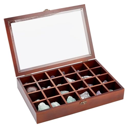 BENECREAT 24 Gitter Braune Schmuckschatulle, Verstellbarer Vitrine Aus Holz, Rechteckiger Organizer-Halter Mit Deckel Für Muscheln, Sammlerstücke, Rock, Festivals Geschenk Frauen von BENECREAT