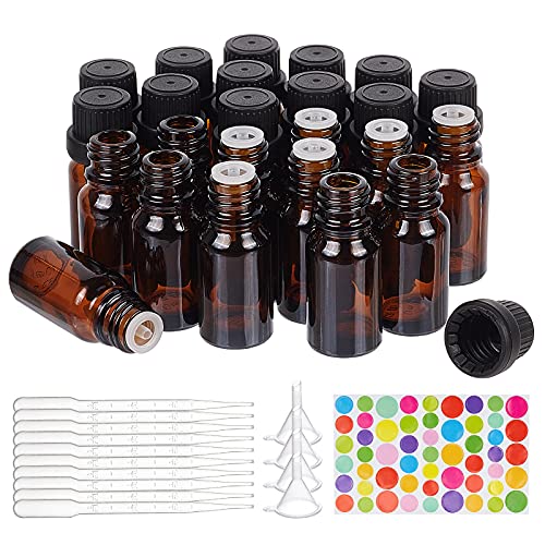 BENECREAT 24 Packung 10 ml Flaschen mit ätherischen Ölen aus braunem Glas Nachfüllbare Behälter Kits mit Tropftropfen, Trichtertrichter und Aufkleber für kosmetisches Aromatherapie Duftöl von BENECREAT