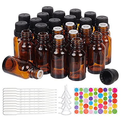 BENECREAT 24 Packung 15 ml Flaschen mit ätherischen Ölen aus braunem Glas Nachfüllbare Behälter Kits mit Kunststofftropfen, Trichtern und Aufklebern für kosmetisches Aromatherapie Duftöl von BENECREAT