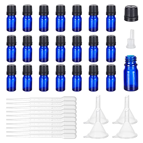 BENECREAT 24 Stück Glasflaschen Für Ätherische Öle 5 ml/0.17 fl. Oz Blue-Flasche Für Ätherische Öle Mit 10 Tropfer Und 4 Trichtern, Ätherische Öl-Balsamöl-Flasche Für Aromatherapie-Duftöl BENECREAT 24 Stück Glasflaschen Für Ätherische Öle 5 ml/0.17 fl. Oz Blue-Flasche Für Ätherische Öle Mit 10 Tropfer Und 4 Trichtern, Ätherische Öl-Balsamöl-Flasche Für Aromatherapie-Duftöl von BENECREAT