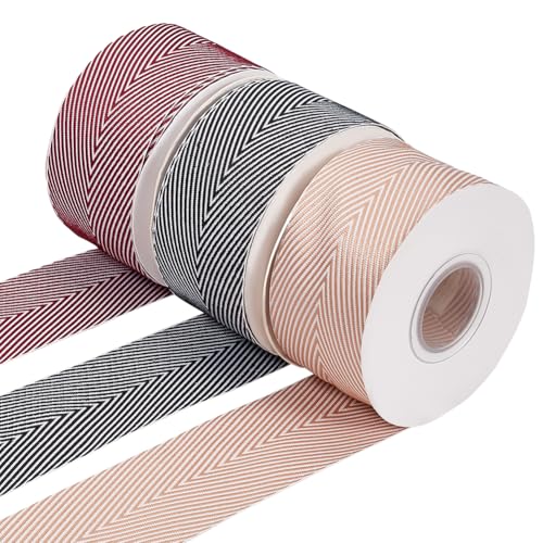 BENECREAT 27m 3 Farbe Fischgräten-Baumwollband, 38mm breite Polycotton-Jacquardbänder, flaches Jacquard-Gurtband zum Nähen von Geschenkverpackungen, Basteln, 9m/Rolle von BENECREAT