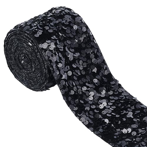 BENECREAT 3.65 m Schwarzer Samtbesatz Mit Pailletten 75mm Breites Polyester Paillettenband Zum Nähen Für Bastelarbeiten Kleidung Kleider Nähverzierung von BENECREAT