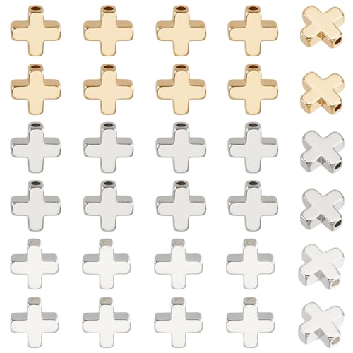 BENECREAT 30 Stück 18 Karat vergoldete Kreuz-Abstandshalterperlen, 3 Farben, quadratische Metallperlen für die Herstellung von DIY-Schmuckstücken und anderen Bastelarbeiten, 8 x 8 x 3~3,3 mm von BENECREAT