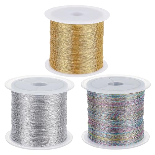 BENECREAT 300 m Metallschnur 3 Farben Metallfaden, 0.2 mm Polyester-Schmuckfaden Silberfarbene Bastelschnur Anhängerschnur Zum Basteln, Schmuckherstellung, Geschenkverpackung von BENECREAT