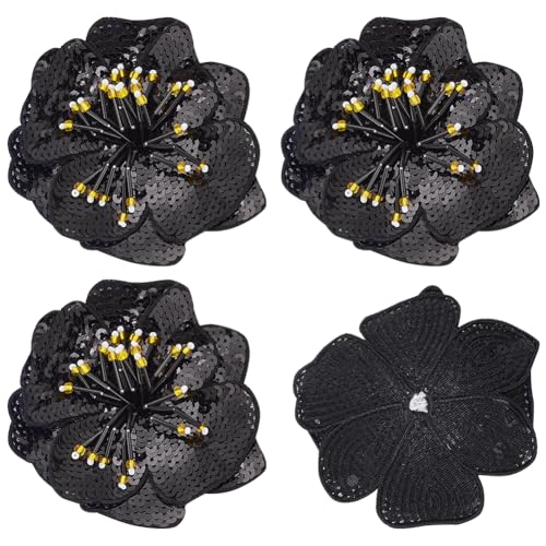 BENECREAT 3D-Blumen-Pailletten mit Perlen, 10,9 x 10,2 cm, DIY-Blumenmotive, Applikation für Kleidung, Brosche, zum Aufnähen, bestickter Aufnäher, Applikation, schwarz, 4 Stück von BENECREAT