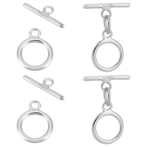 BENECREAT 4 Sets runder Knebelverschluss aus 925er Sterlingsilber, T-Bar-Verschluss, 12,5 x 4 x 1 mm, Schmuckzubehör, Knebelverbinder für Halsketten, Armbänder und DIY-Schmuckherstellung von BENECREAT