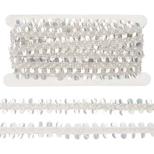 BENECREAT 4.57m Faux Perlen Spitze Band, 25mm breit Silber Perlen Kristall Strass Applique Rand Spitze Band mit Pailletten für Nähen Hochzeit Kleid Kostüm Haus Dekoration von BENECREAT