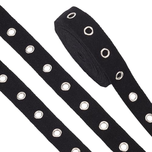 BENECREAT 6.25 Yards/5.7m Ösenband, 25 mm Breites Silberfarbenes Ösen-Klebeband Aus Baumwolle, Ösen-Köperband Zum Nähen, DIY-Schnür-T-Shirt-Set (Schwarz) von BENECREAT