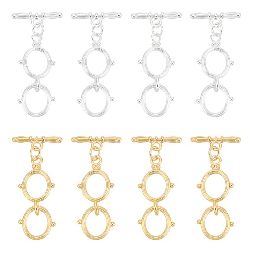 BENECREAT 8 Sets Messing-Knebelverschlüsse, 2 Farben, Echtgold und versilbert, T-Verschlüsse, Stab und Doppelring-Schmuckverschlüsse für Halsketten, Armbänder, Kettenenden von BENECREAT
