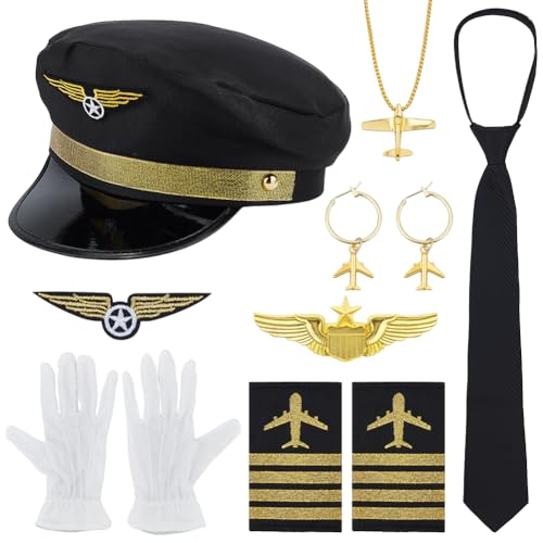 BENECREAT 8 Teiliges Pilotenkostüm Set Komplettes Flugbegleiter Zubehör Mit Gemischtem Farbdesign Für Halloween Party Rollenspiele Und Cosplay Events von BENECREAT
