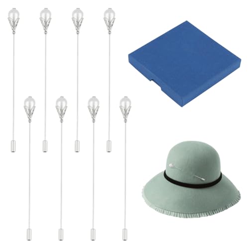 BENECREAT 8 x Hutnadel Mit Weißer Perle. Platin Sicherheitsnadeln Broschen ABS Kunststoff Imitation Perle Brosche Pin Stick Für Krawatte Schal Western Cowboyhüte Haar Accessoires 125mm von BENECREAT