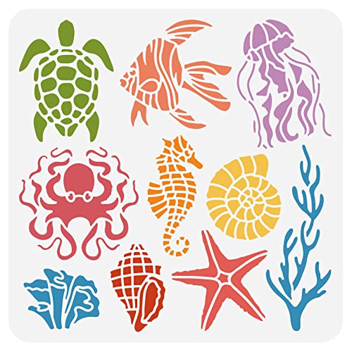 BENECREAT Meerestiere Malschablone, 30x30cm Schildkröten Kraken Quallen Muscheln Korallen Ozeane Schablonen für Heimwerker, Scrapbook, Wanddekoration von BENECREAT