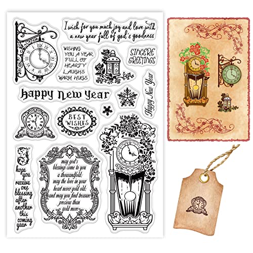 BENECREAT Neujahrsgrüße Klare Stempel Frohes Neues Jahr Uhr PVC Silikonstempel Für DIY Scrapbooking, Fotoalbum Dekorativ, Karten Machen, 16x11 cm von BENECREAT