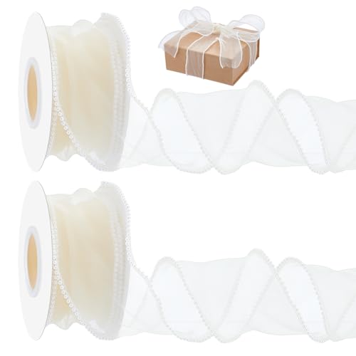 BENECREAT Organzaband mit Perlenrändern, mit Draht, für Hochzeitsdekoration, Geschenkverpackungen und Bastelprojekte, 4,5 m pro Rolle, 9,1 m x 7,5 cm, 2 Rollen BENECREAT Organzaband mit Perlenrändern, mit Draht, für Hochzeitsdekoration, Geschenkverpackungen und Bastelprojekte, 4,5 m pro Rolle, 9,1 m x 7,5 cm, 2 Rollen von BENECREAT