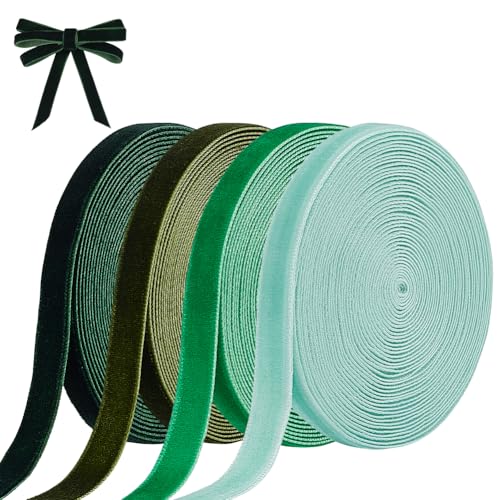 BENECREAT Samtband-Set, 4 Farben, 1,9 cm, einseitiges Samtband mit 4 Farbtönen (hell/grün/oliv/dunkel), für Weihnachtsfeier, Geschenkverpackung, Baum- und Kranz-Dekoration, 21,8 m, 4 Farben von BENECREAT