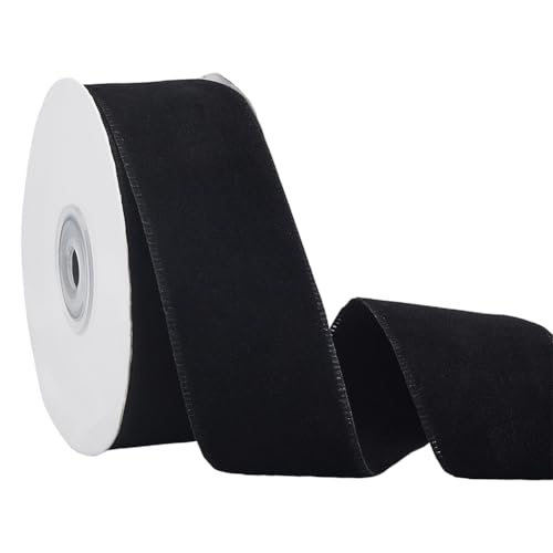 BENECREAT Samtband mit Draht, 3,8 cm schwarzes Polyester-Stoffband, doppelseitiges Weihnachtsband für Weihnachtsbaum, Geschenkverpackung, Kranz, Schleife, Outdoor-Dekoration, 9,1 m von BENECREAT