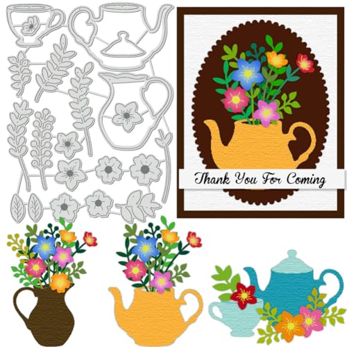 BENECREAT Stanzschablonen Für Teekannen Und Blumen, Teetasse Blumen Prägewerkzeug Aus Karbonstahl Mit Blättern, Stanzungen, Metallvorlagen Für Scrapbooking, Fotoalbum, Dekorative Prägung von BENECREAT