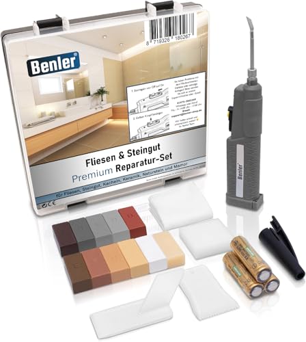 BENLER® 2-in-1-Reparaturset mit Wachsschmelzer für Fliesen, Keramik - auch für Laminat, Parkett und Vinylboden geeignet - 19-teilig, Braun/Grau von BENLER