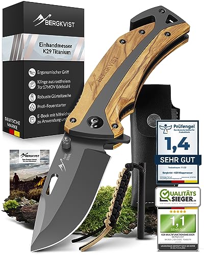 BERGKVIST® K29 Klappmesser Olivenholz (Einhandmesser) - 3-in-1 Outdoor Messer mit Titanium-Veredelung - ausgezeichnet mit dem Bronze A' Design Award 2021 - inkl. Feuerstahl von BERGKVIST