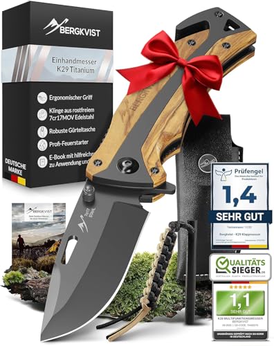 BERGKVIST® K29 Klappmesser Olivenholz (Einhandmesser) - 3-in-1 Outdoor Messer mit Titanium-Veredelung - ausgezeichnet mit dem Bronze A' Design Award 2021 - inkl. Feuerstahl von BERGKVIST