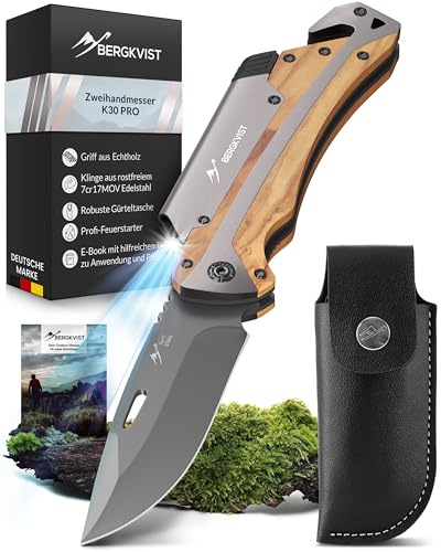 BERGKVIST® K30 5-in-1 PRO Klappmesser (Zweihandmesser) - Outdoor Messer mit Glasbrecher, Gurtschneider, Feuerstarter & Taschenlampe - Mitführen in Deutschland erlaubt von BERGKVIST