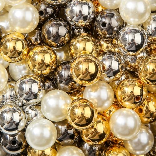 BERMRO Acrylperlen, 16 mm, goldfarben und silberfarben, Kaugummi-Perlen für Armbänder, Halsketten, Ohrringe, Schmuckherstellung, 100 Stück (Gold & Silber & Weiß) von BERMRO