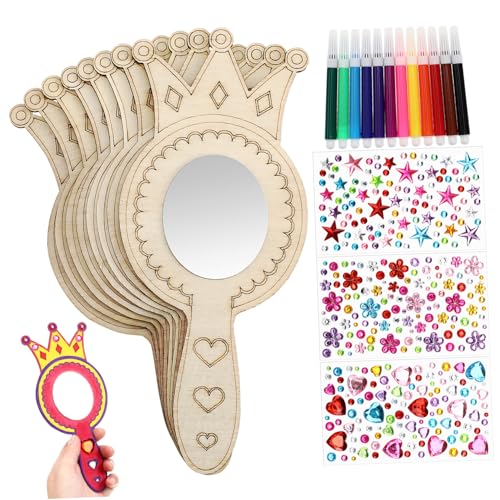 BESPORTBLE Handspiegel Bastelset für Teiliges Holzset mit Unvollendeten Kronenspiegeln Aquarellstiften und Aufkleberdiamanten für Kreative Diy Projekte und Kindergeburtstagsgeschenke von BESPORTBLE