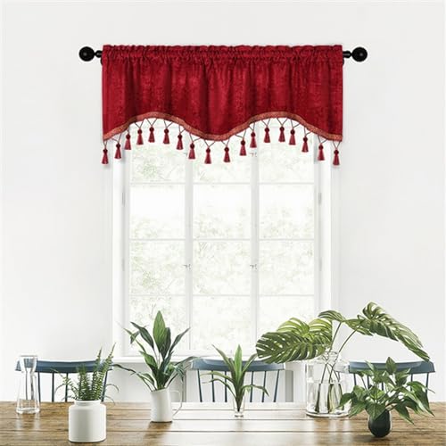 BESTORI Scheibengardine Blickdicht Bistrogardine Verdunkelung Fensterschal Kurzgardine Kurze Gardine für Küche Wohnzimmer Landhaus Rot, 180 x 40 cm(B x H) von BESTORI