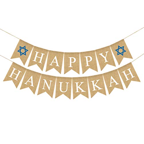 BESTOYARD Banner Sackleinen Happy Hanukkah Muster Wimpelkette Girlande Hanukkah Hängend Dekoration von BESTOYARD