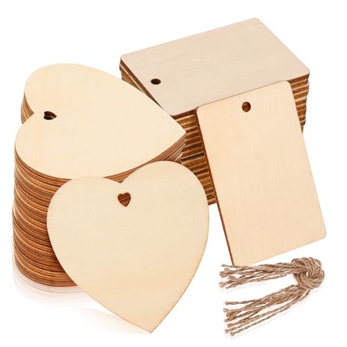 BESTYASH 1 Satz Unbehandelten Holzscheiben Herz und Rechteckiger Form mit Juteschnur DIY Dekoration für Hochzeiten Weihnachten und Kreative Projekte von BESTYASH