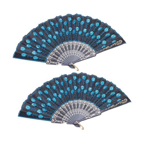 BESTYASH 2 Stück Pailletten Bestickter Faltfächer Handgefertigter Tanzfächer mit Einzigartigem Stickdesign Leichter Handventilator als Dekoration und Geschenk für Freunde und Tänzer Blau von BESTYASH