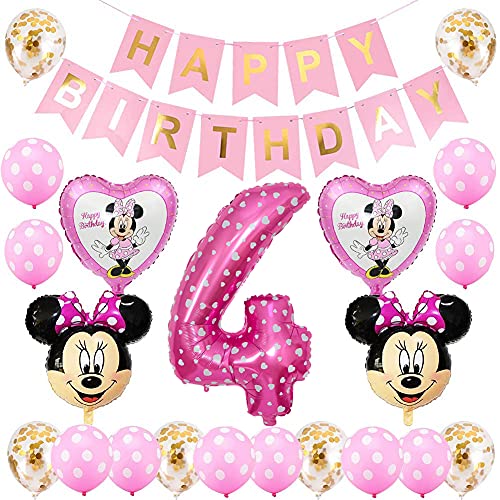 Minnie Luftballons, 4. Geburtstag Dekorationen für Mädchen Minnie Themed Geburtstag Dekorationen Minnie Party Supplies mit Minnie Ballons, Happy Birthday Garland für 4. Geburtstag von BESTZY
