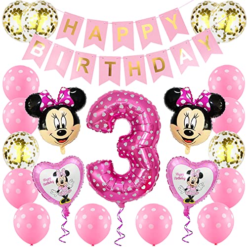 Minnie Luftballons, BESTZY Minnie Birthday Party Supplies Dekorationen Geburtstagsdeko 3 Jahr Mädchen Minnie Themed 3st Birthday Party Supplies für Minnie Themenparty von BESTZY