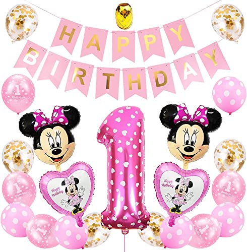Minnie Party Luftballons, Minnie 1st Birthday Themed Party Supplies Gehören Konfetti, Banner, Nummer 1 Folienballons Motto Birthday Party Dekorationen oder Baby Shower Supplies, Rosa von BESTZY