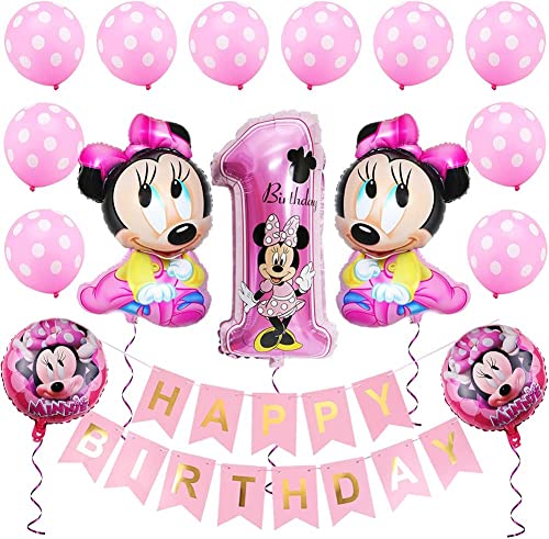 Minnie Theme Geburtstagsdekorationen, Minnie Luftballons Minnie Birthday Party Supplies Dekorationen Happy Birthday Banner für Birthday Party Dekorationen oder Baby Shower Supplies（Rosa） von BESTZY