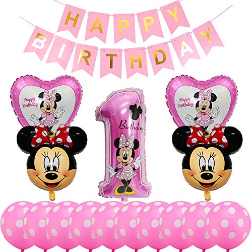 Minnie Themed Geburtstag Dekorationen, BESTZY Pink Minnie Party Supplies Dekorationen, Folienballons Happy Birthday Banner, Mickey 1st Birthday Mickey Luftballons von BESTZY