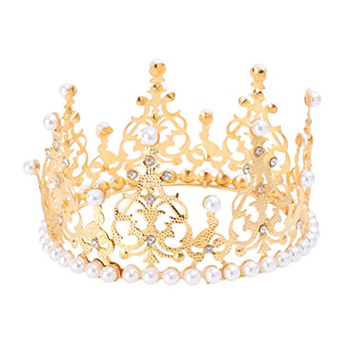 BESTONZON Crown Cake Topper Dekoration mit Strass und Perlen im Vintage-Stil Royal Mittelstück Stirnband Krone für Party Hochzeit (Gold) von BESTONZON