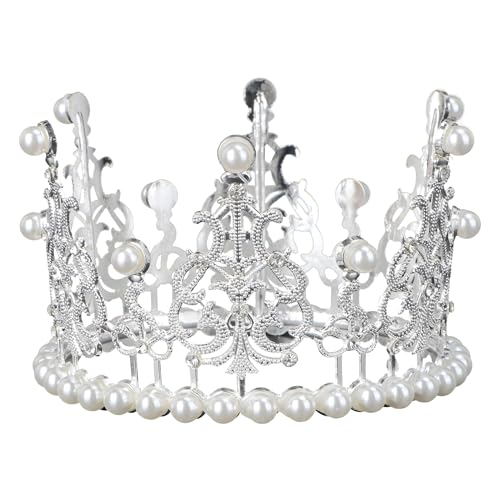 BESTONZON Crown Cake Topper Dekoration mit Strass und Perlen im Vintage-Stil Royal Mittelstück Stirnband Krone für Party Hochzeit (Silber) von BESTonZON