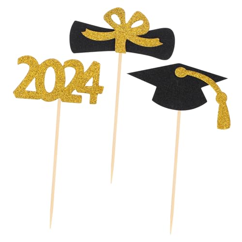 BESTonZON 12 Stück 2024 Abschluss-Cupcake-Topper 2024 Abschlussfeier Mini-Kuchendekorationen Abschluss-Themenparty Kuchendekorationen Zubehör Abschlusskappe Diplom-Cupcake (Gold) von BESTonZON