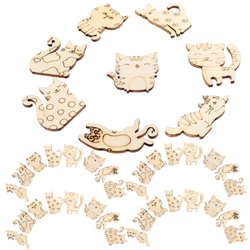 BESTonZON 50 Stück Holzscheiben Katzenform zum Basteln DIY Holzspäne für Scrapbooking Kinderfreundliche Holzfiguren mit Glatter Oberfläche Unbemalt zum Bemalen und Kreativen Gestalten von BESTonZON