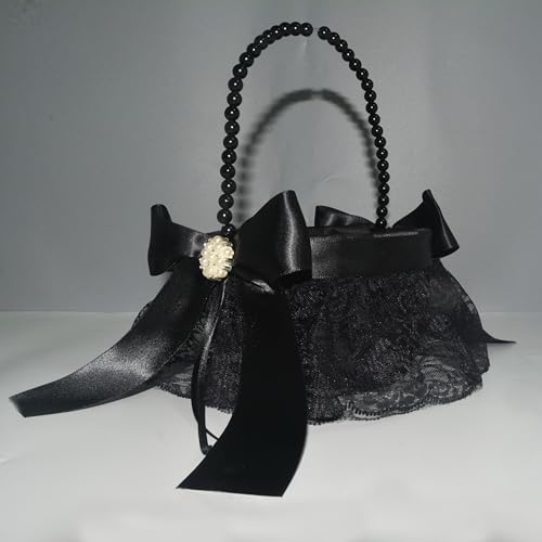 BETAULIFE Schwarzer Blumenmädchenkorb für Hochzeit, schwarze Spitzenperlen, Blumenmädchenkörbe, Perlengriff, Schleife, Blumenkorb, für Hochzeiten, Partys und Heimdekoration. von BETAULIFE