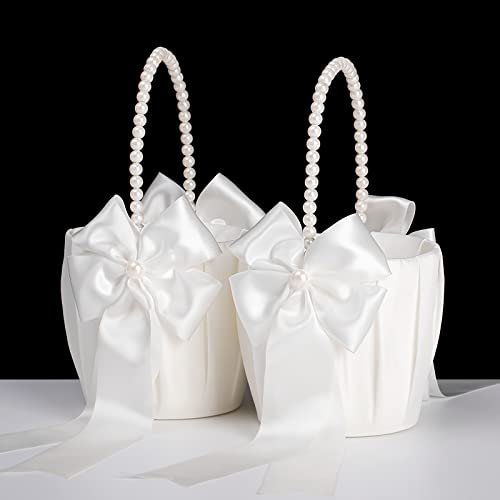Blumenmädchenkörbe für Hochzeit, elfenbeinfarbener Blumenmädchenkorb mit Perlengriff, Hochzeitskörbe für Blumenmädchen, 2 Stück Blumenmädchenkörbe für Hochzeit, elfenbeinfarbener Blumenmädchenkorb mit Perlengriff, Hochzeitskörbe für Blumenmädchen, 2 Stück von BETAULIFE