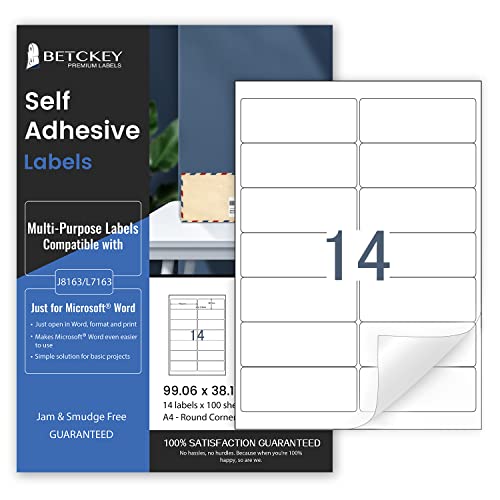 100 Blätter, 99mm x 38mm, Universal Etiketten Selbstklebend Bedruckbar, Sticker Mattes Papier, Aufkleber A4 Kompatibel mit Inkjet & Laser Drucker, 14 Etikett pro Blatt von BETCKEY