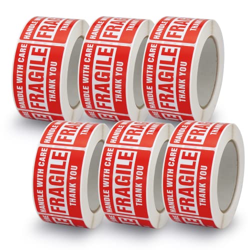 6 Rollen, 50mm x 75mm, Warnaufkleber für zerbrechliche Waren, 3000 Etiketten werden verwendet, um die Verpackung zu schützen, "HANDLE with CARE FRAGILE THANK YOU" von BETCKEY