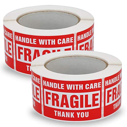 2 Rollen, 50mm x 75mm, Warnaufkleber für zerbrechliche Waren, 1000 Etiketten werden verwendet, um die Verpackung zu schützen, "HANDLE with CARE FRAGILE THANK YOU" von BETCKEY
